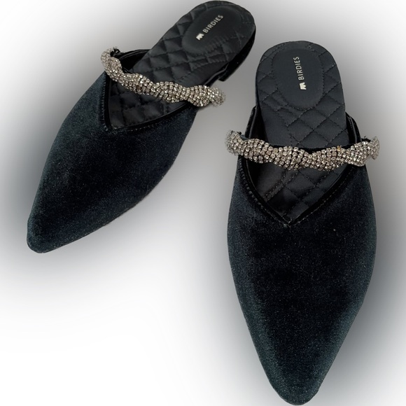 Birdies Shoes - SALE Birdies The Swan green velvet slides with crystal straps.